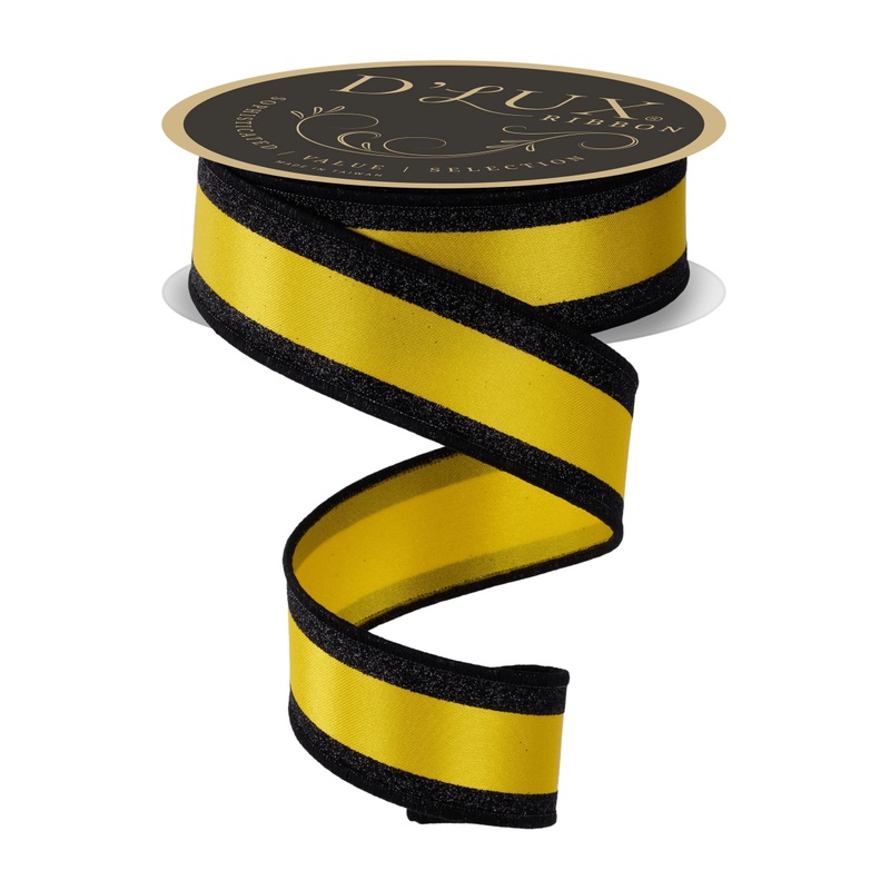 1.5 in Vertical Stripe Glitter Fused Ribbon: Black & Yellow