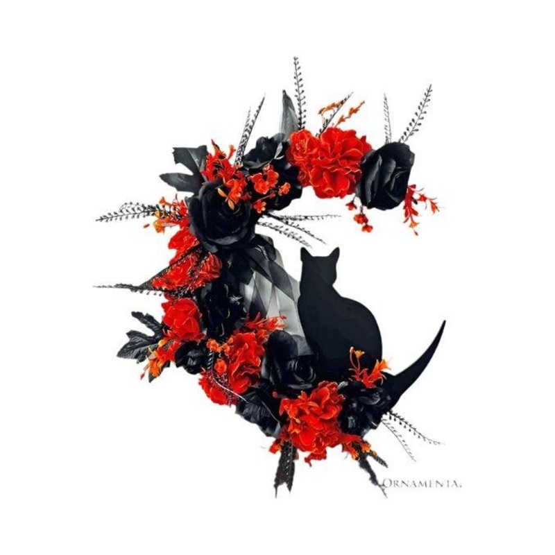 20″ Crescent Moon Floral Black Cat Door Wreath
