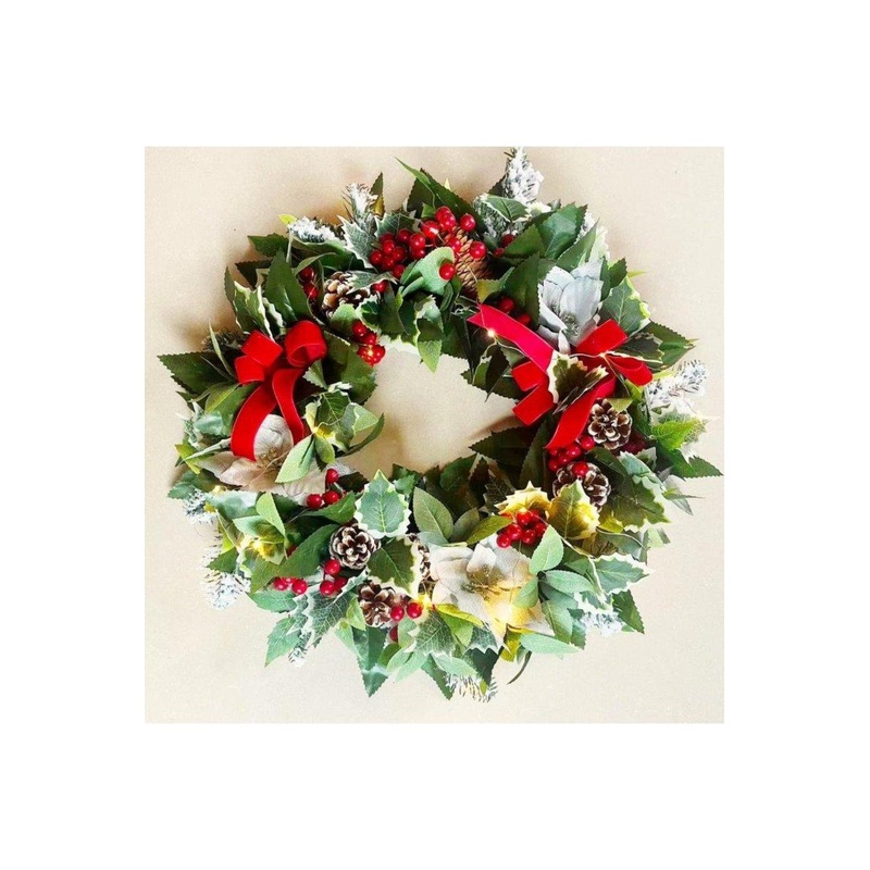 24″ Christmas Wreath, Prelit with Frosty Branches
