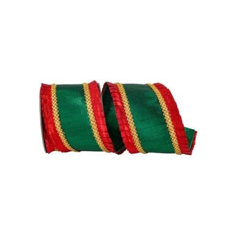 4in Metallic Dupioni Pleated Ribbon: Red/Green (5 Yards)