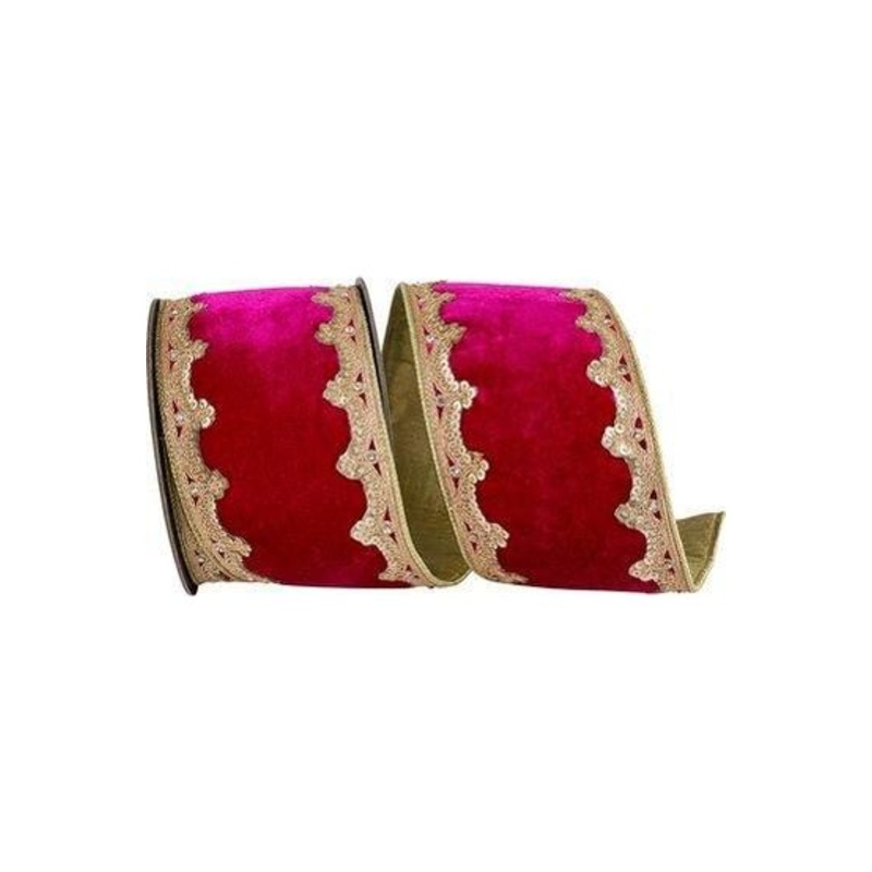 4in Plush Velvet Sequin Scallop Ribbon: Ruby (5 Yards)