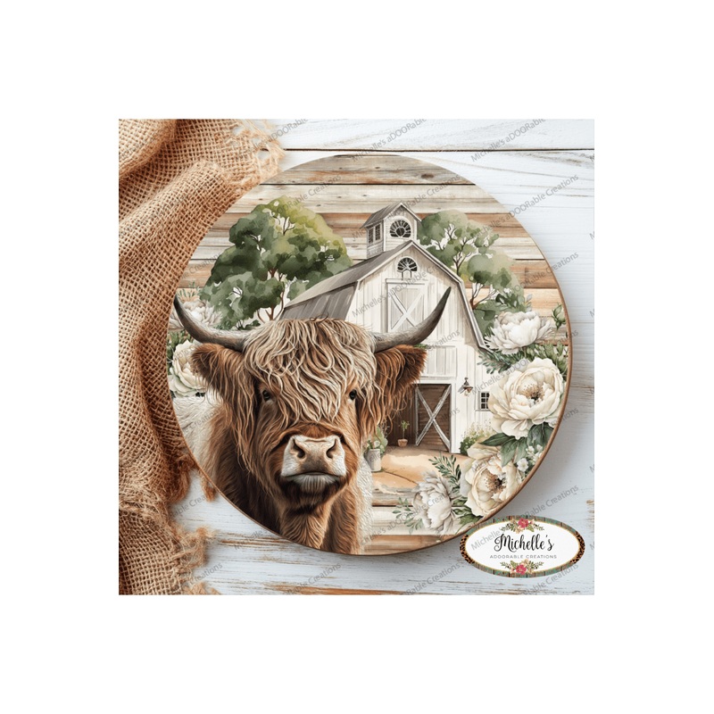 Highland Cow White Barn Florals Sign