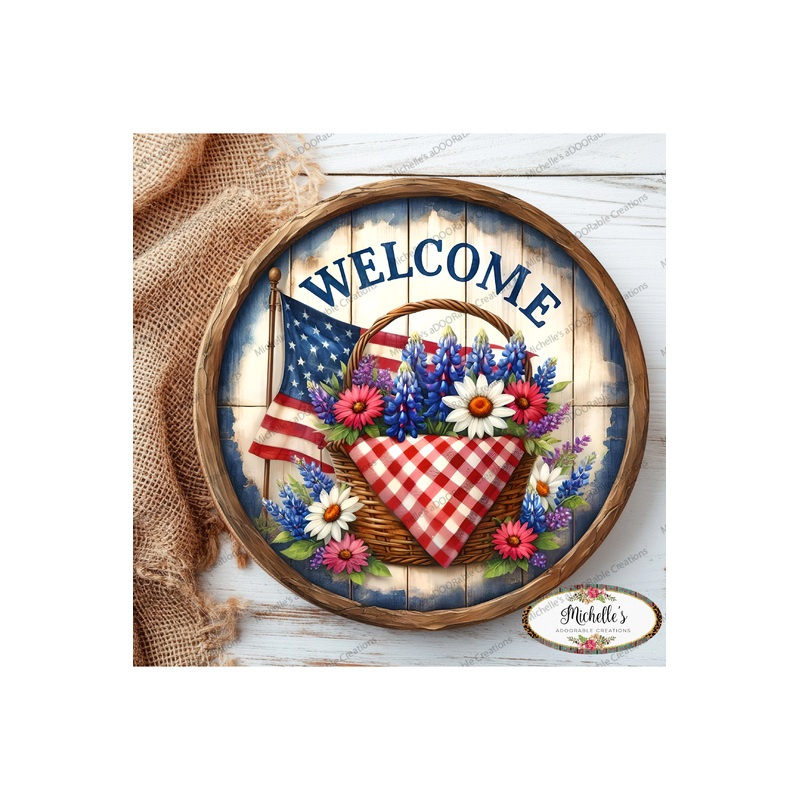 Patriotic Welcome Floral Basket Sign