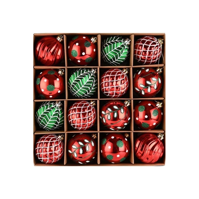 Red and Green Glittered Baubles (Set of 16)