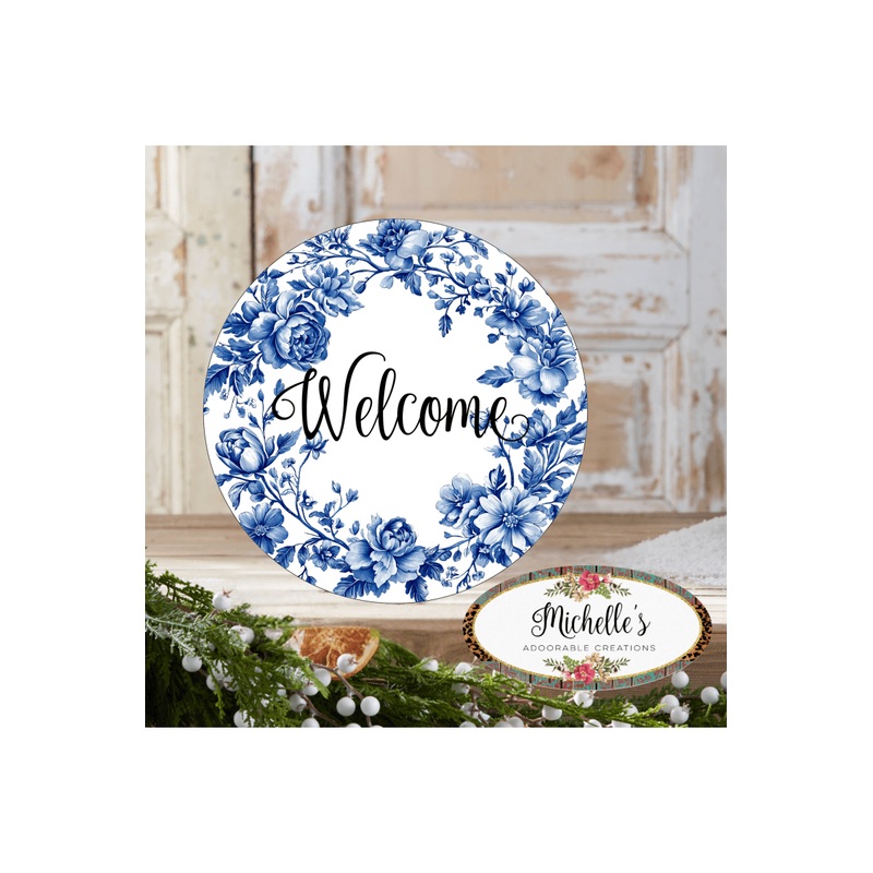Welcome Blue Floral Round Sign