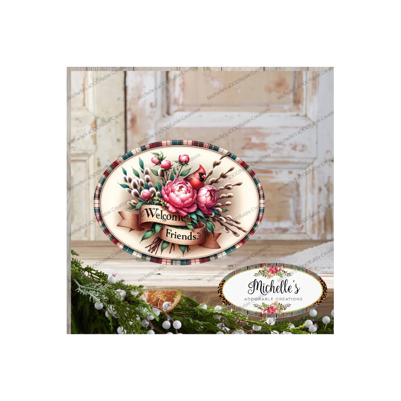 Welcome Friends Cardinal Peonies Oval Sign