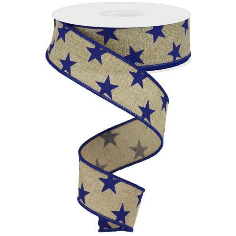 1.5″ Beige Royal Canvas Ribbon: Blue Stars (10 Yards)