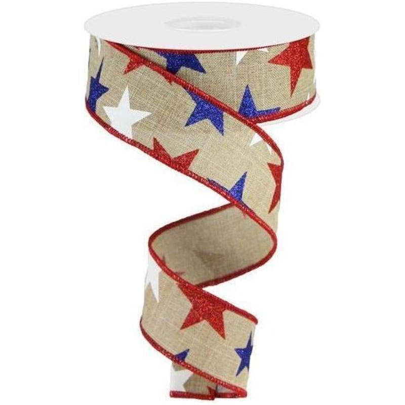 1.5″ Beige Royal Canvas Ribbon: Patriotic Stars (10 Yards)