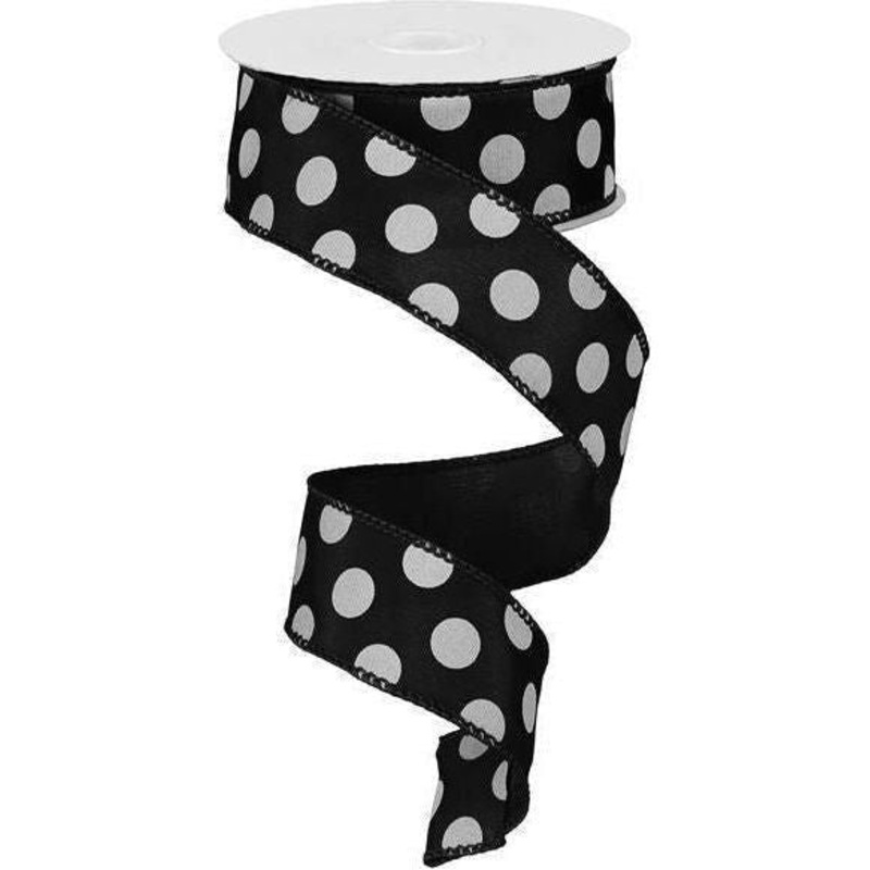 1.5″ Big Polka Dot Ribbon: Black & White (10 Yards)