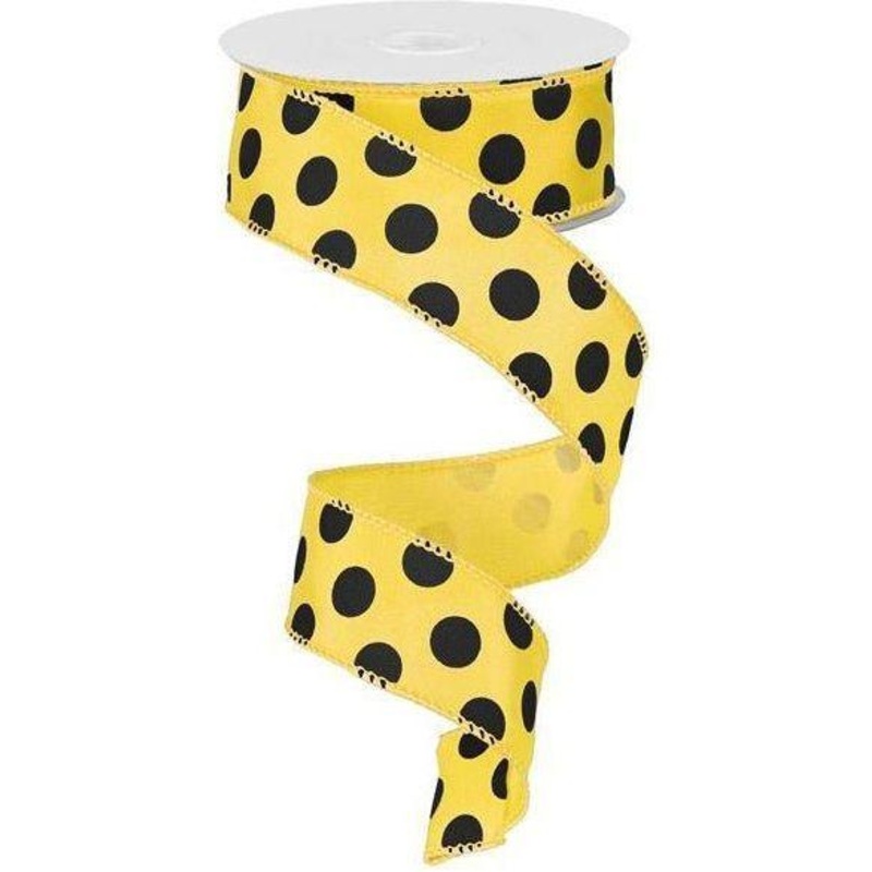 1.5″ Big Polka Dot Ribbon: Yellow & Black (10 Yards)