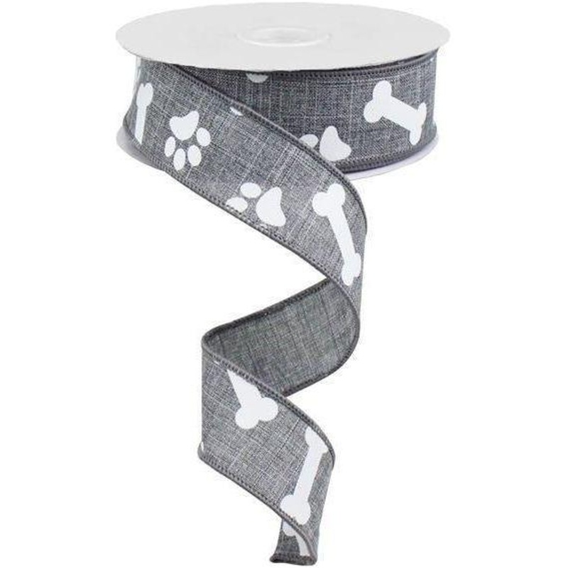 1.5″ Paw Print Royal Ribbon: Grey (10 Yards)