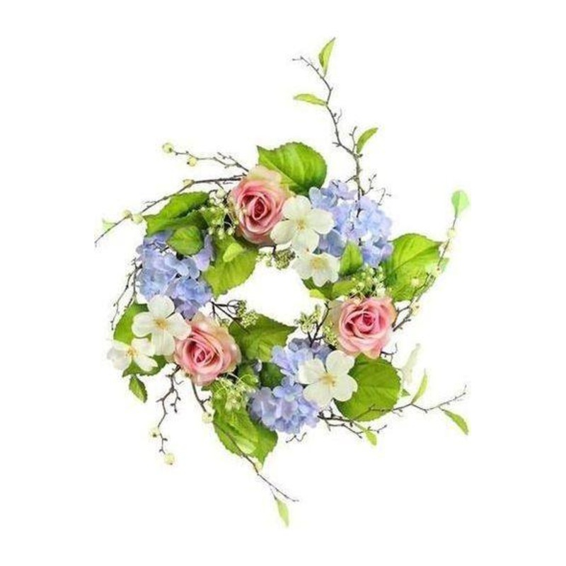 22″ Hydrangea Rose Berry Wreath: Blue, Pink, Cream & Green