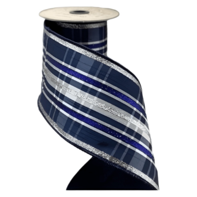 4″ Dupion Plaid Glitter Ribbon: Navy, Silver and Gray (5 Yards)