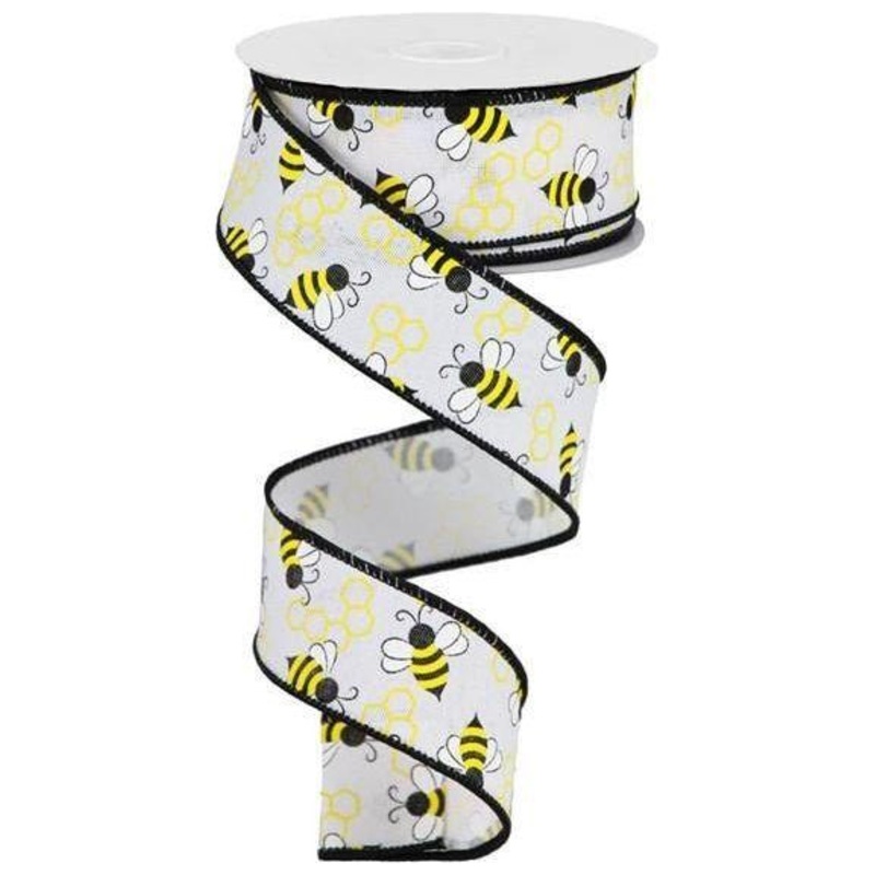 1.5″ Mini Bumblebees on Royal Ribbon: White (10 Yards)