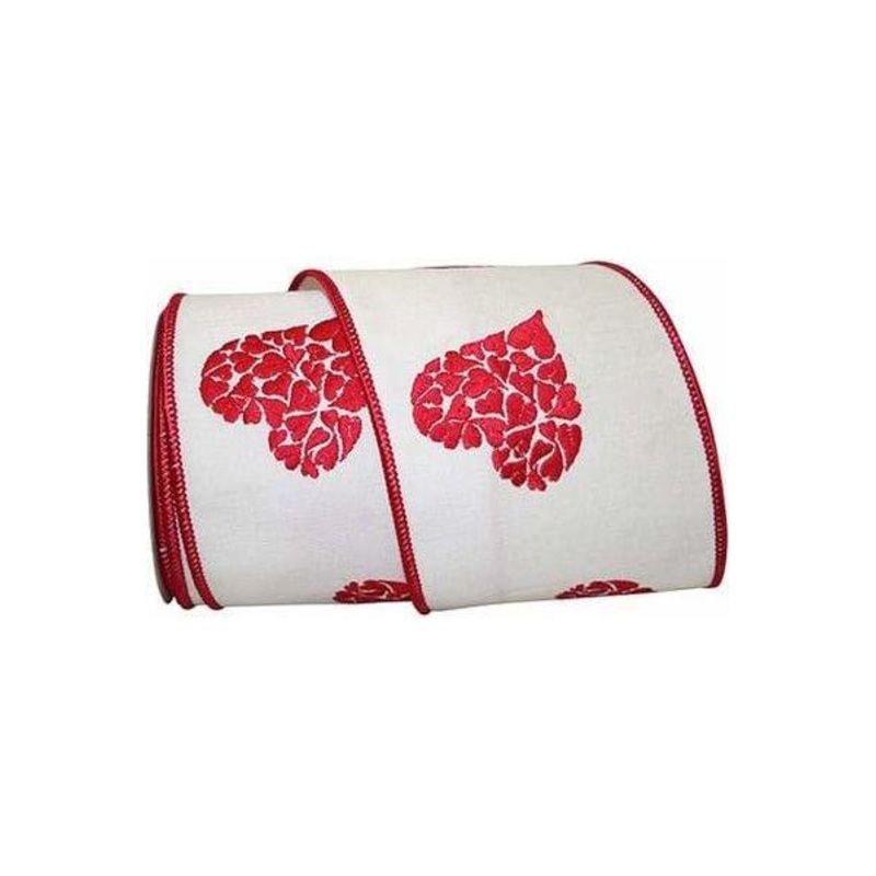 4″ Embroidered Hearts Ribbon: White/Red (10 Yards)