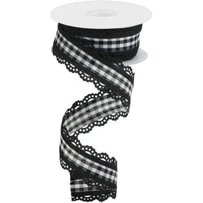 1.5″ Scalloped Edge Gingham Ribbon: Black (10 Yard)