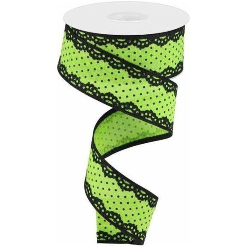 1.5″ Swiss Dots Lace Edge Ribbon: Lime Green (10 Yards)
