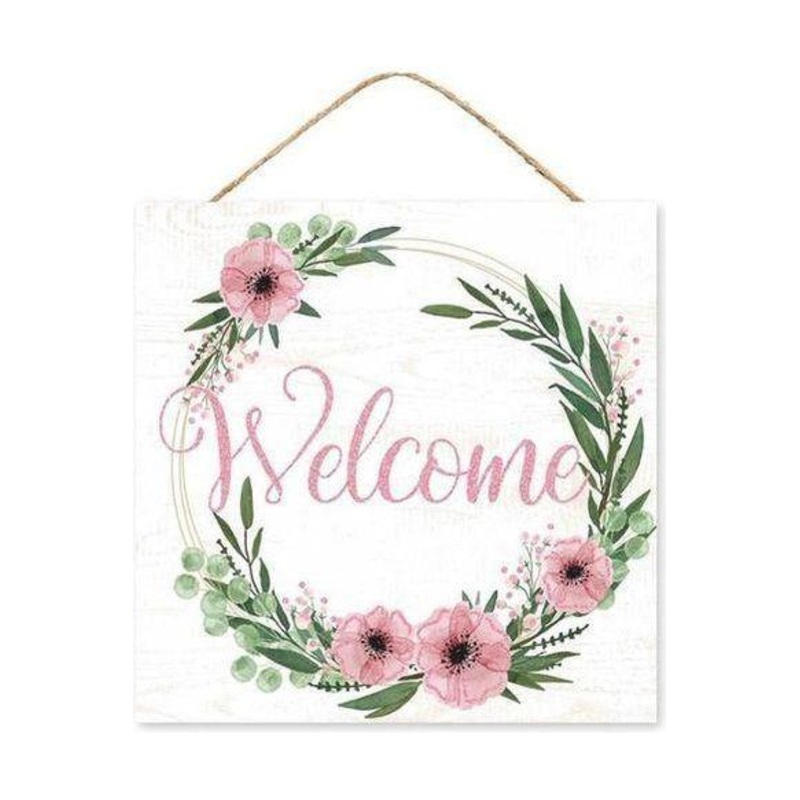 10″ Wooden Sign: Welcome Floral (White)
