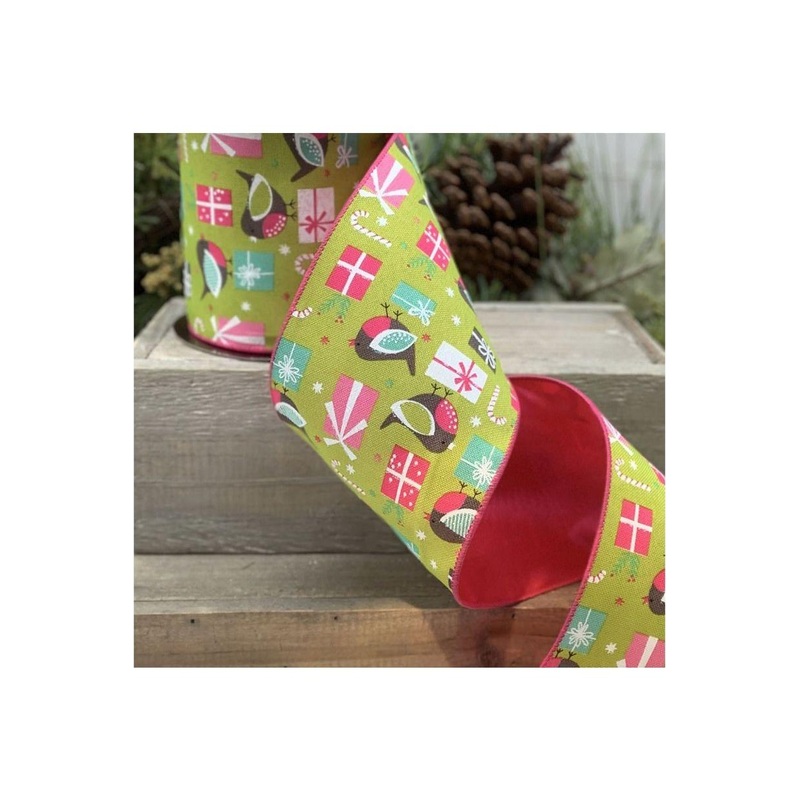 4″ Faux Linen Bird Ribbon: Hot Pink & Green (10 Yards)