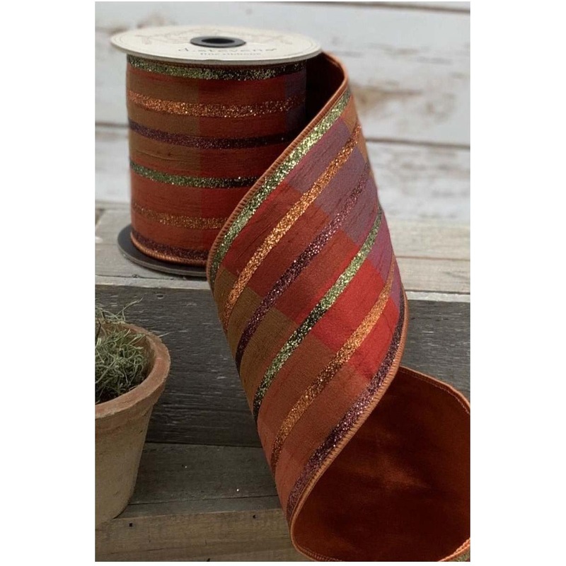 4″ Plaid Glitter Stripe Ribbon: Autumn Orange (5 Yards)