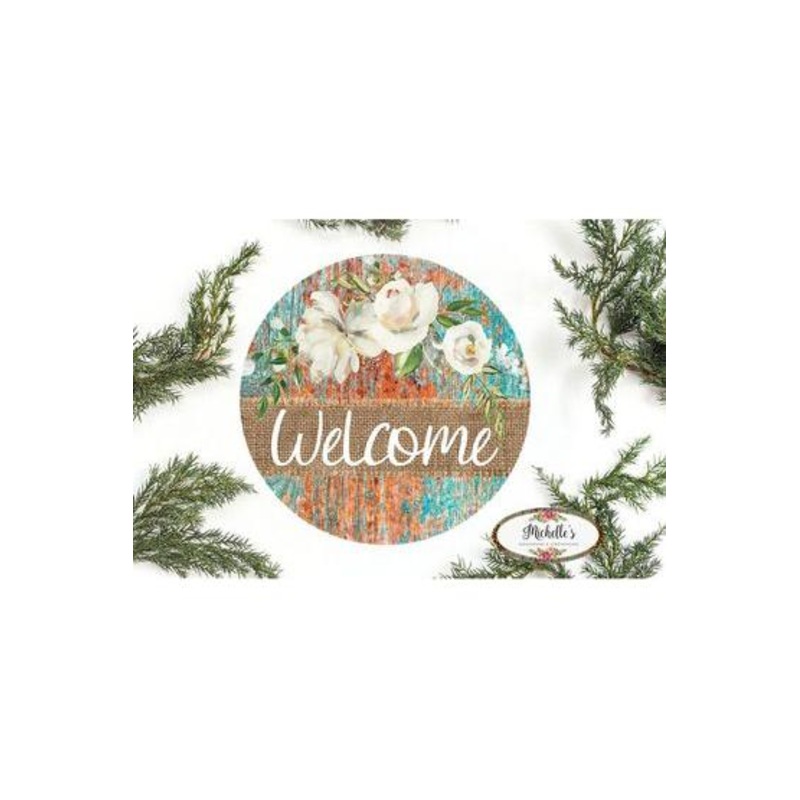 Welcome Round Floral Rustic Sign
