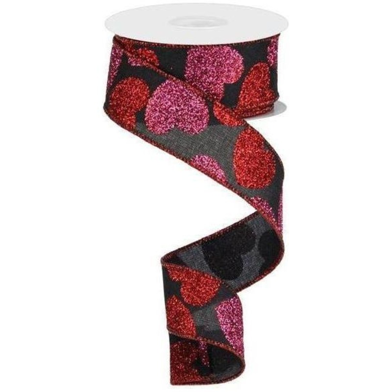 1.5″ Bold Glitter Hearts Royal Ribbon: Black (10 Yards)