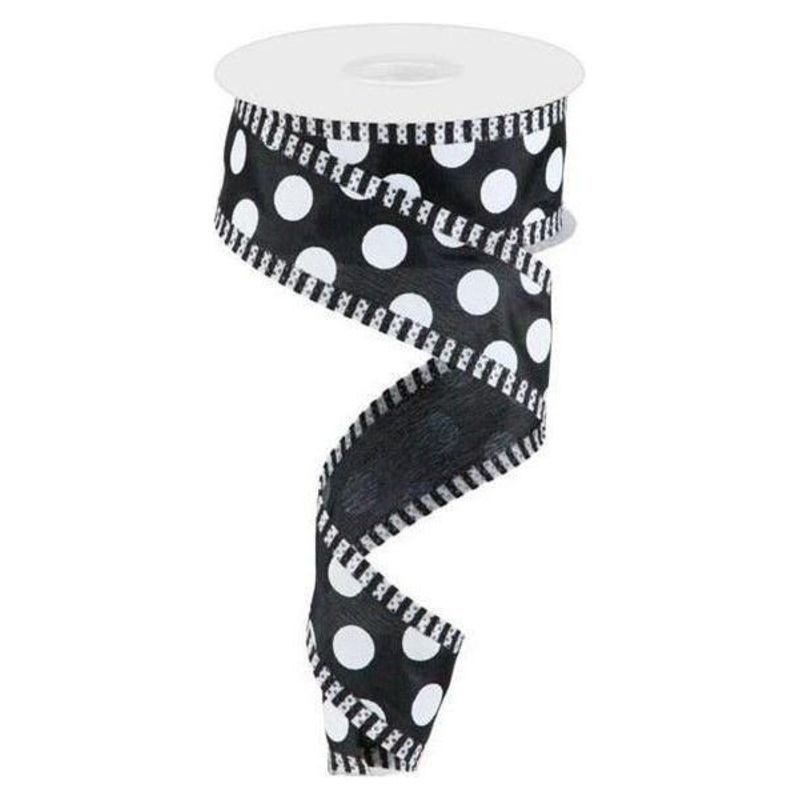 1.5″ Large Polka Dot Stripe Ribbon: Black (10 Yards)