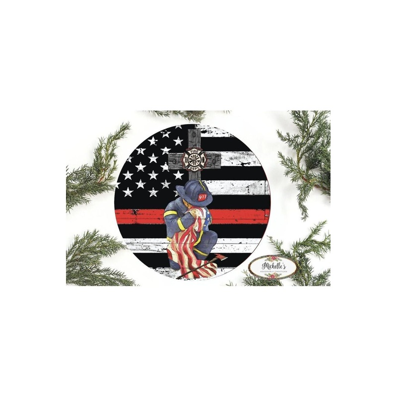 Thin Red Line Kneeling Firefighter Round Sign