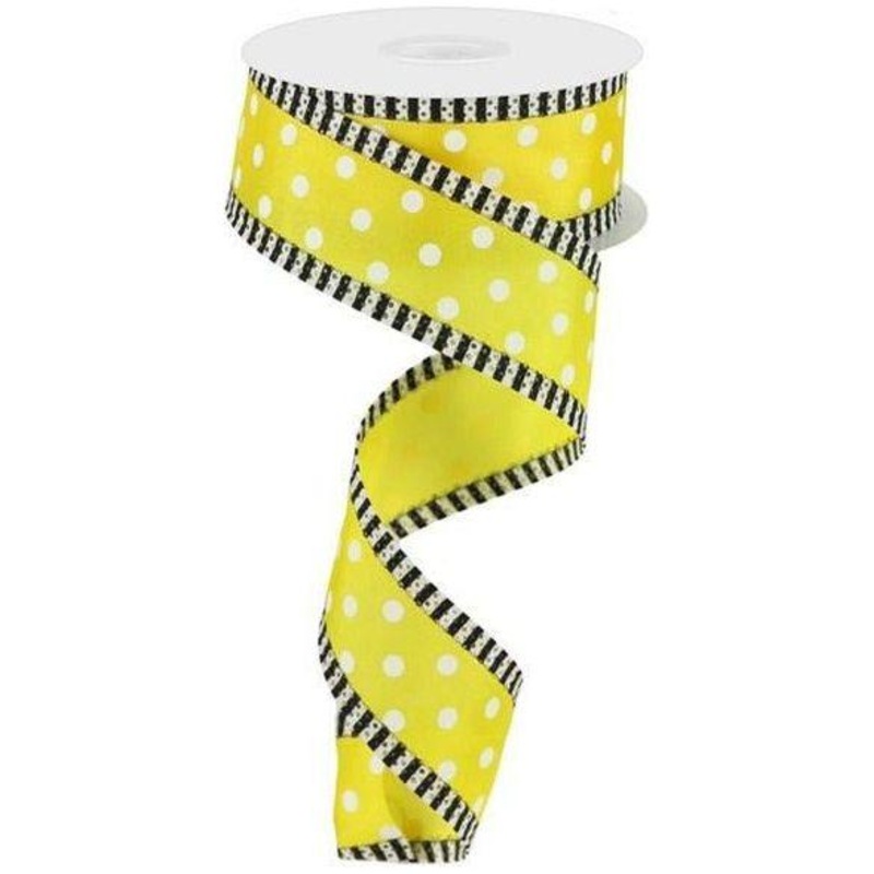 1.5″ Small Polka Dot Stripe Ribbon: Yellow/White (10 Yards)