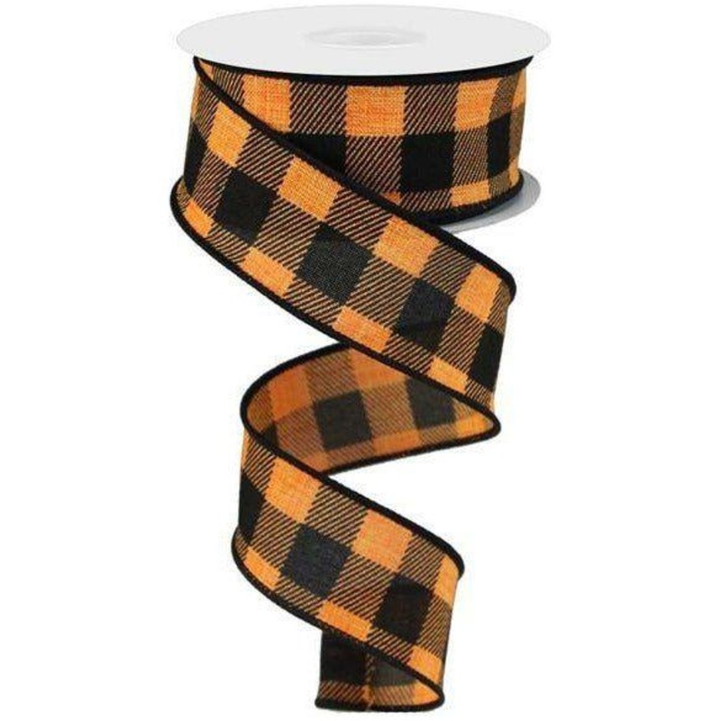 1.5″ Striped Check on Royal Ribbon: Orange/Black (10 Yards)