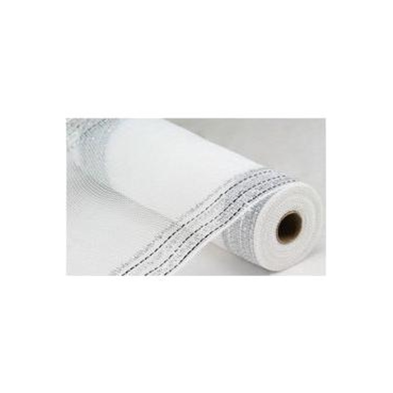 10″ Border Stripe Faux Jute Mesh Ribbon: White/Silver (10 Yards)