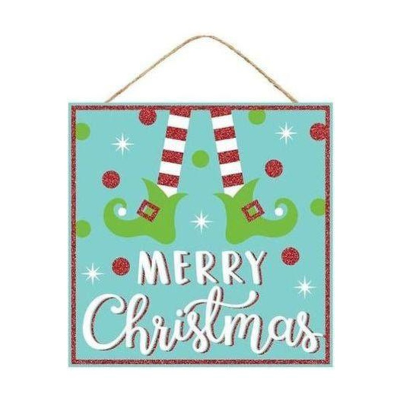 10″ Wooden Elf Sign: Ice Blue Merry Christmas