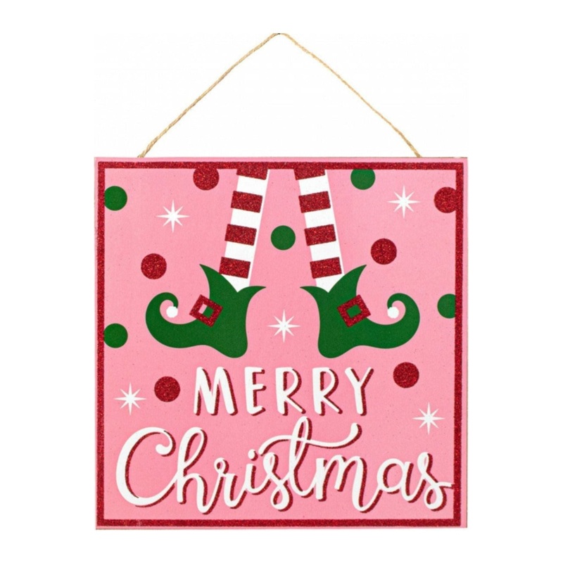 10″ Wooden Elf Sign: Pink Merry Christmas