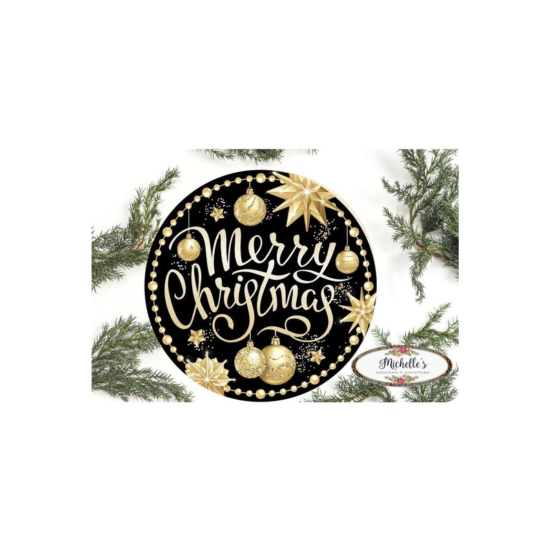 Merry Christmas Black Gold Round Sign