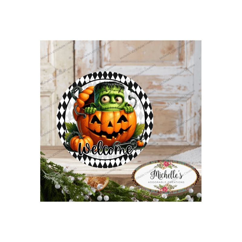 Welcome Halloween Frankenstein Pumpkin Sign