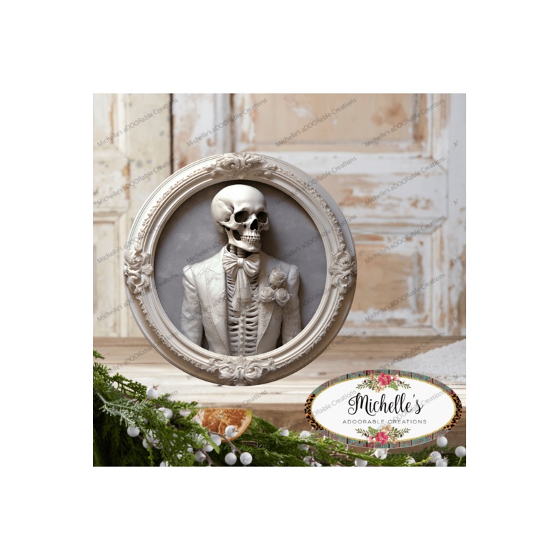 White Suit Skeleton Groom Portrait Sign