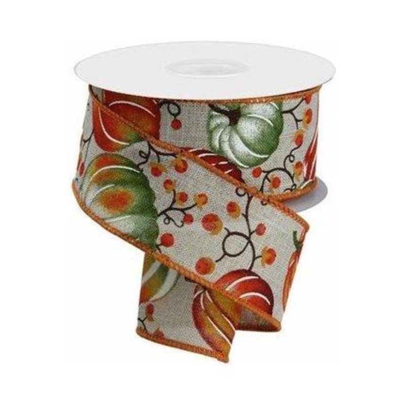 1.5″ Pumpkins Bittersweet Ribbon: Natural/Moss Green (10 Yards)