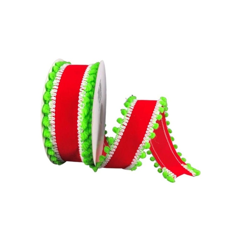 1.5″ Red Velvet Pom Ribbon: Lime Green (10 Yards)