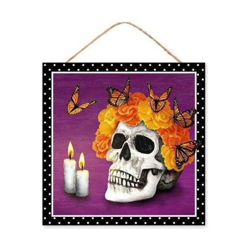 10″ Wooden Sign: Skull and Butterflies