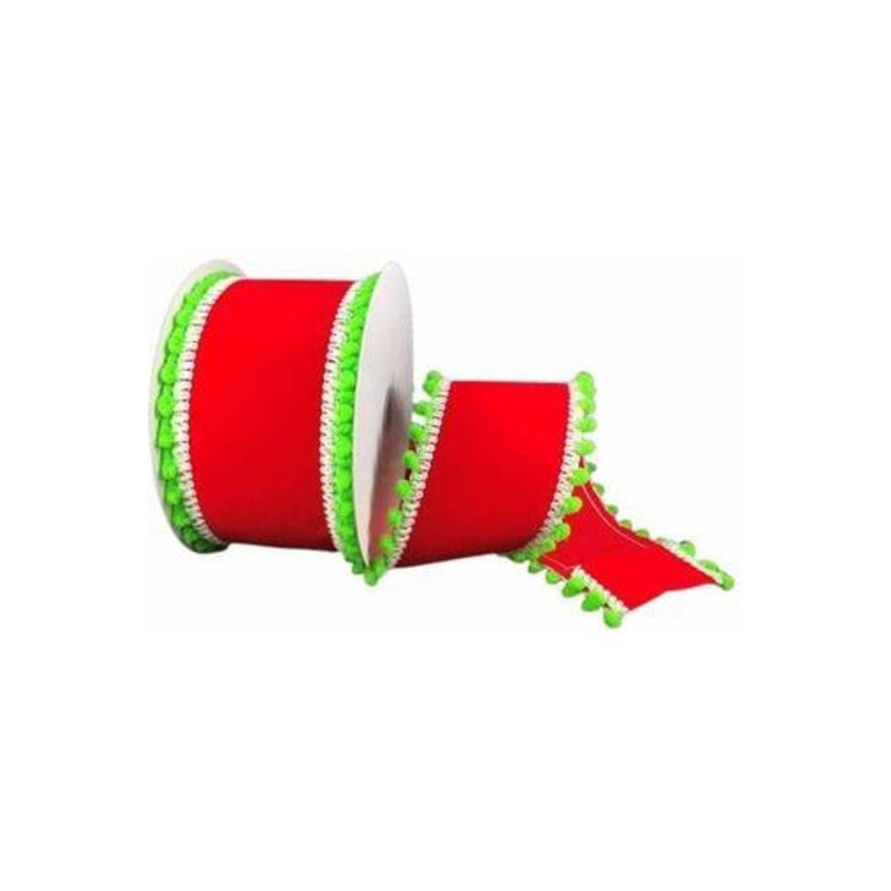 2.5″ Red Velvet Pom Ribbon: Lime Green (10 Yards)