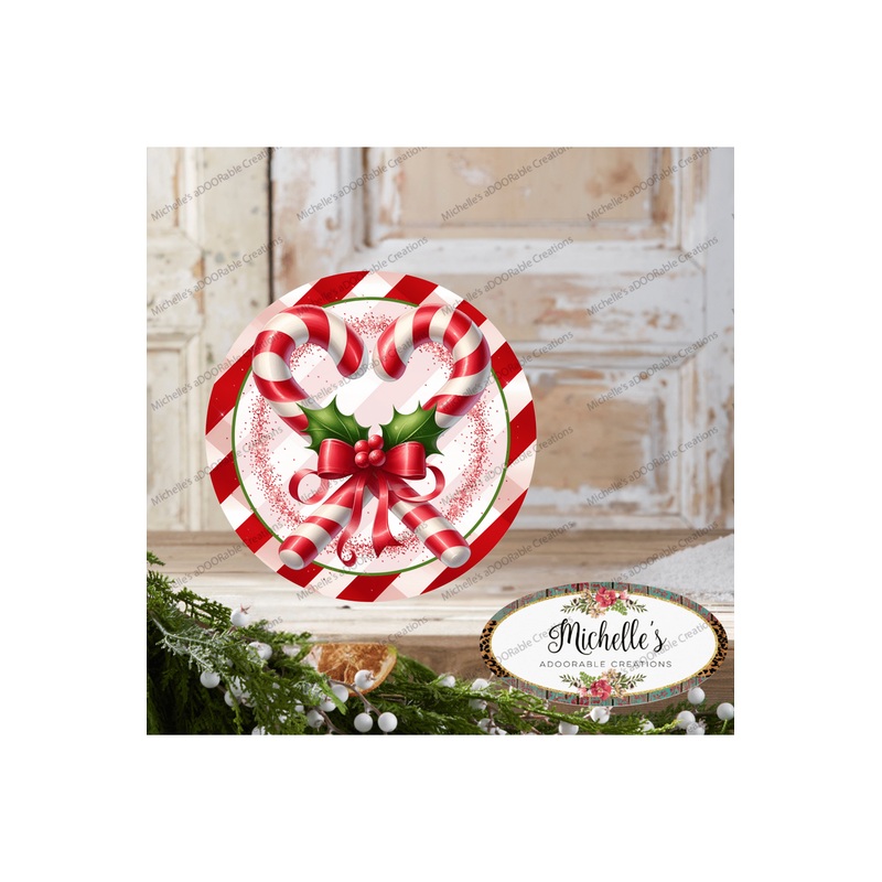 Candy Cane Heart Round Sign