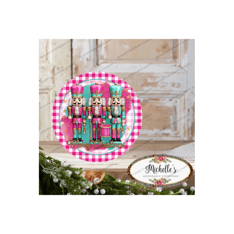 Merry Christmas Pink Teal Nutcracker Round Sign