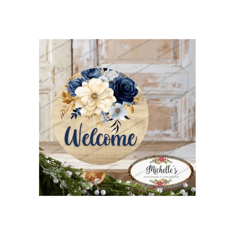 Welcome Blue Watercolor Floral Round Sign