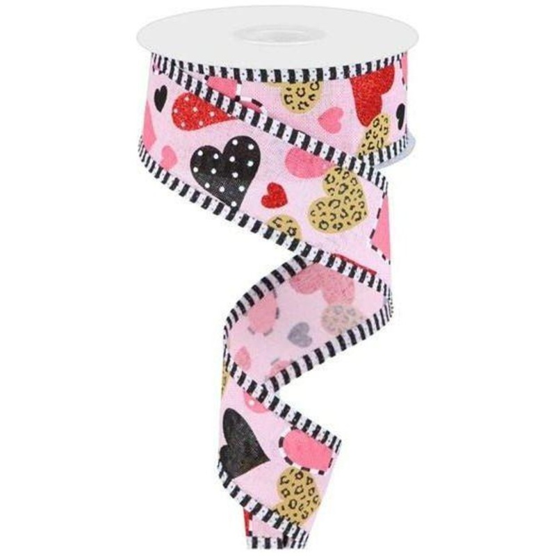 1.5″ Multiple Pattern Hearts Stripe Ribbon: Pink (10 Yard)