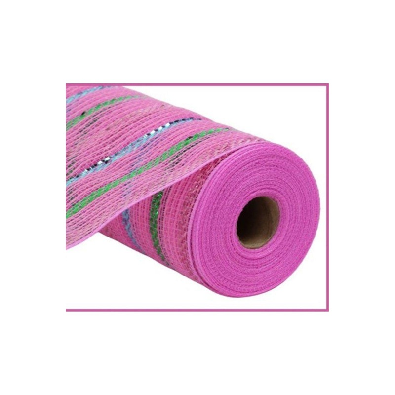 10.5″ Metallic Poly Faux Jute Stripe Mesh Ribbon: Pink (10 Yards)