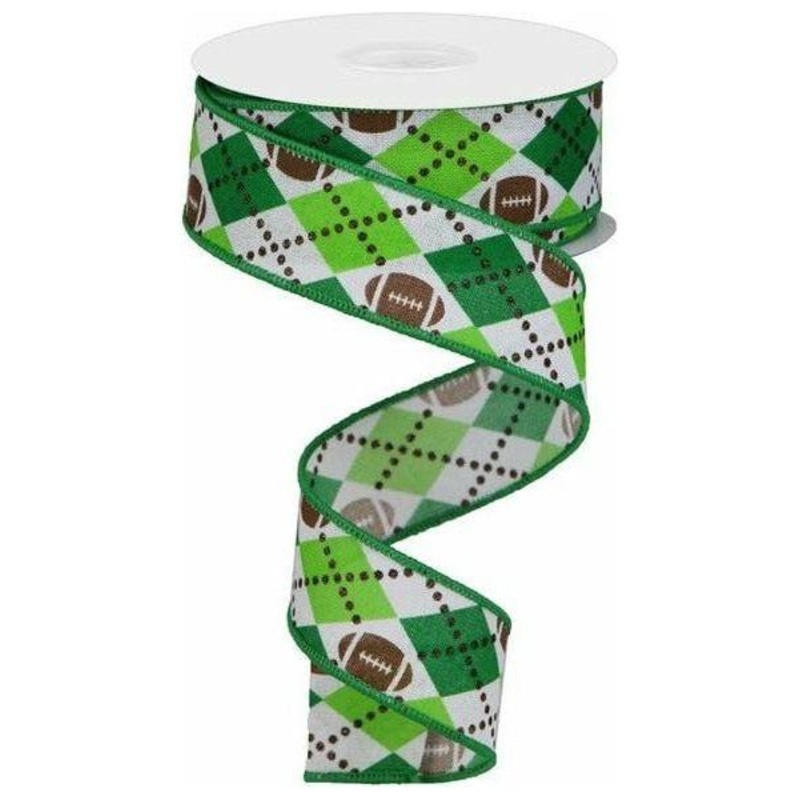 1.5″ Argyle Footballs Ribbon: Green (10 Yards)