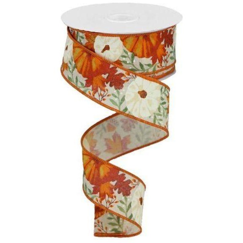 1.5″ Pumpkin Foliage Ribbon: Cream (10 Yards)