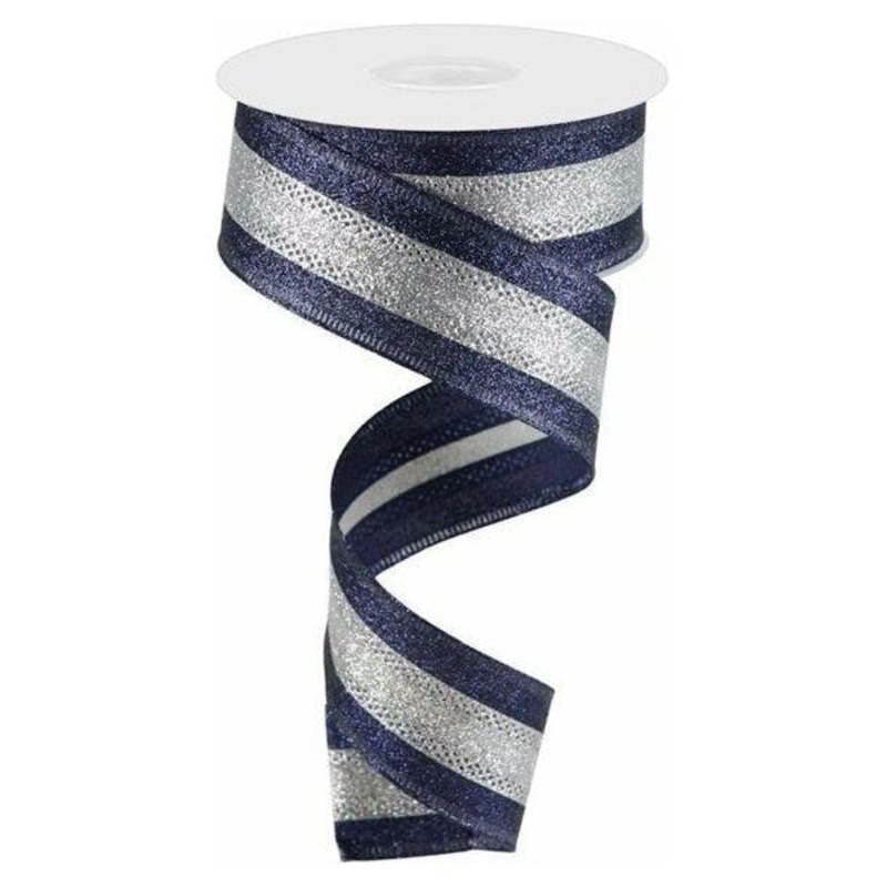 1.5″ Shimmer Glitter Stripe Ribbon: Silver/Navy Blue (10 Yards)
