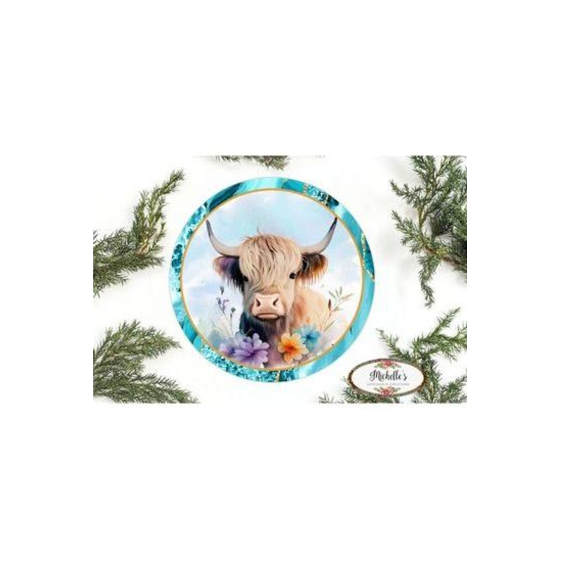 Floral Highland Cow Round Sign
