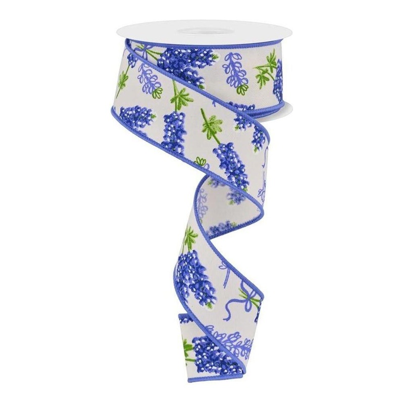 1.5″ Bluebonnets Pattern Ribbon: Ivory (10 Yards)